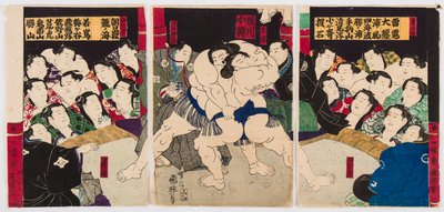 सूमो पहलवानों का मुकाबला। Estampe de Utagawa Kuniteru (1808-1876) - सूमो पहलवान, Kuniteru, Utagawa (1808-1876) द्वारा। रंग लकड़बग्घा। निजी संग्रह द्वारा उतागावा कुनेटरु