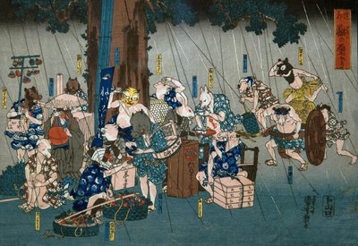 बारिश से आश्रय लेने वाले हास्य जानवर (Dōke kemono no amayadori), c.1842 द्वारा उत्तगवा कुनिओशी