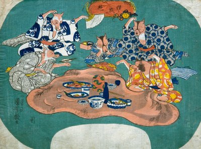 रेकून डॉग एंड फॉक्स एट प्ले (तनुकी टू किट्स्यून नो एसोबी), c.1842 द्वारा उत्तगवा कुनिओशी