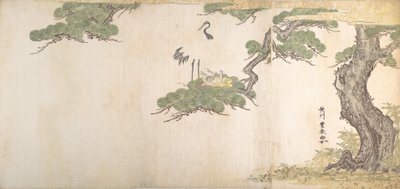 चीड़ के पेड़ की शाखाओं में अपने घोंसले में क्रेन और उनके युवा, सीए। 1790. द्वारा उटगावा तोयोहरु