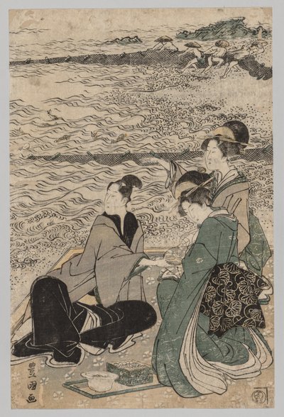 समुद्र तट पर पुरुष और दो महिलाएँ द्वारा Utagawa Toyokuni