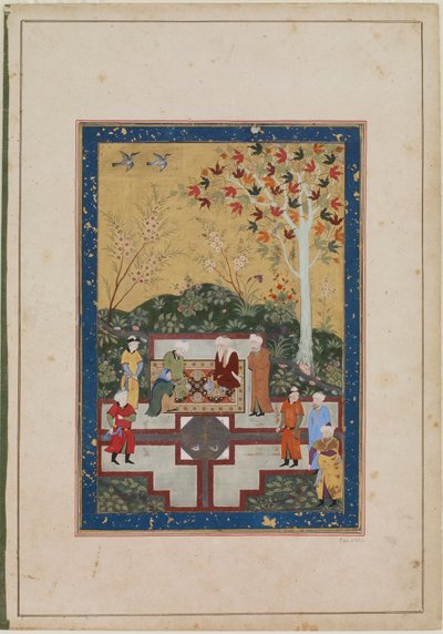 एल्बम फोलियो; रेक्टो: एक बूढ़ी औरत और दो साधु, बुखारा, उजबेकिस्तान, तैमूर काल, 1510-40 (अपारदर्शी जल रंग, कागज पर स्याही और सोना) द्वारा उज़्बेक स्कूल