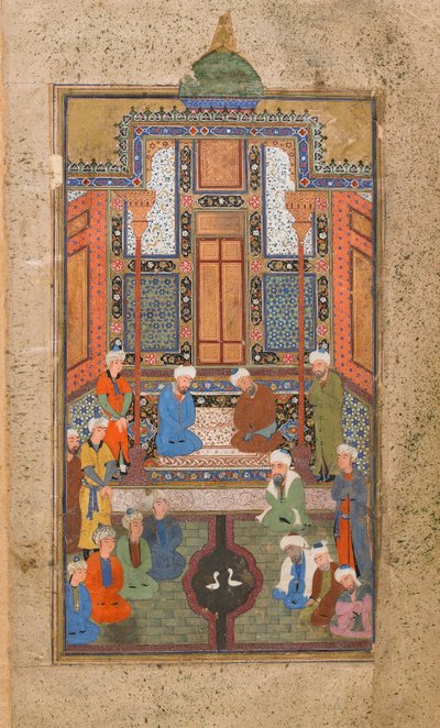एक तहफ़ात अल-अहरार (मुफ्त का उपहार) में महल का दृश्य, बुखारा, उज्बेकिस्तान, उज्बेक काल, c.1540 (कागज पर अपारदर्शी जल रंग, स्याही और सोना) द्वारा उज़्बेक स्कूल