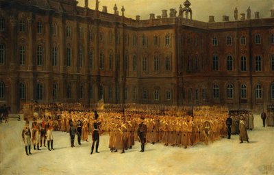 विद्रोह decembriste या विद्रोह decabriste (1825) - 14 Decembe par Maxutov, Vasili Nikolayevich (1826-1886) पर विंटर पैलेस के कोर्ट में लाइफ-गार्ड्स फील्ड इंजीनियर बटालियन के यूनिट फॉर्मेशन से पहले निकोलस I। कैनवास पर तेल, आकार द्वारा वासिली निकोलायेविच मैक्सुतोव