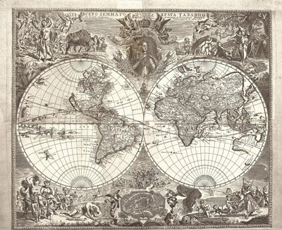 विश्व का दोहरा गोलार्द्ध मानचित्र, 1713 द्वारा वसीली अनुफ्रिविच किप्रियनोव