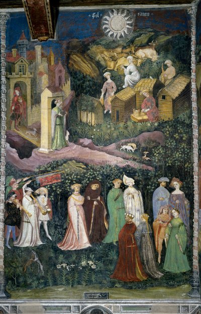 जून का महीना: महिलाओं और घुड़सवारों का नृत्य। नीचे दूध के साथ गायों और पनीर बनाने का इलाज करता है। खाने से लदे लोग महल से बाहर आ रहे हैं। फोगोलिनो द्वारा फिर से बनाई गई पेंटिंग के प्रायोजक कार्डिनल बर्नार्डो क्लेस (1485-1539) में प्रतिनिधित्व किया गया है द्वारा वैंसलासो मेस्त्रो