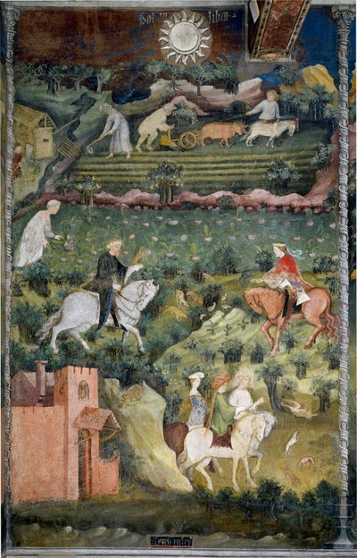 सितंबर: बाज़ शिकार और खेत की जुताई। बैलों और कृषि उपकरणों द्वारा खींची गई गाड़ी के साथ कृषि दृश्य। मास्टर ऑफ द मंथ्स या मास्टर वेन्सेस्लास द्वारा पेंटिंग (मेस्ट्रो देई मेसी या मेस्ट्रो वेंसस्लाओ इतालवी में, 15 वीं शताब्दी की शुरुआत) रेस्टो द्वारा वैंसलासो मेस्त्रो