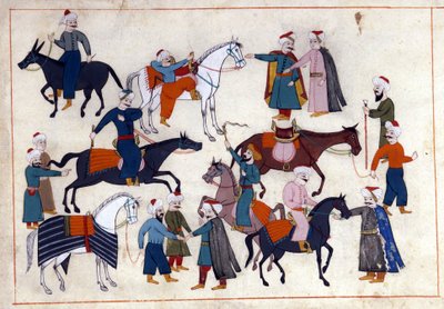 तुर्क साम्राज्य के तहत तुर्की में एक घोड़ा बाजार। "" तुर्की स्मारक"" से लघुचित्र (कोडेक्स सिकोगना 1971 "मेमोरी टर्चेश") 17 वीं शताब्दी के विनीशियन स्कूल से जल रंग। द्वारा वेनिस स्कूल