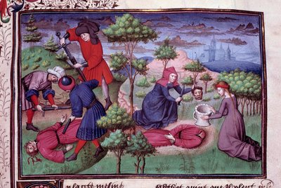 दो लोगों की हत्या का दृश्य जिनके हत्यारों ने अपना सिर काट दिया। Giovanni Boccaccio dit Jean Boccace (1313-1375), इतालवी लेखक द्वारा "डेकैमरोन" की एक पांडुलिपि का पृष्ठ, मास्टर ऑफ मैनसेल द्वारा प्रकाशित। 1450. पेरिस, शस्त्रागार पुस्तकालय द्वारा विसेंट डे परेडेस