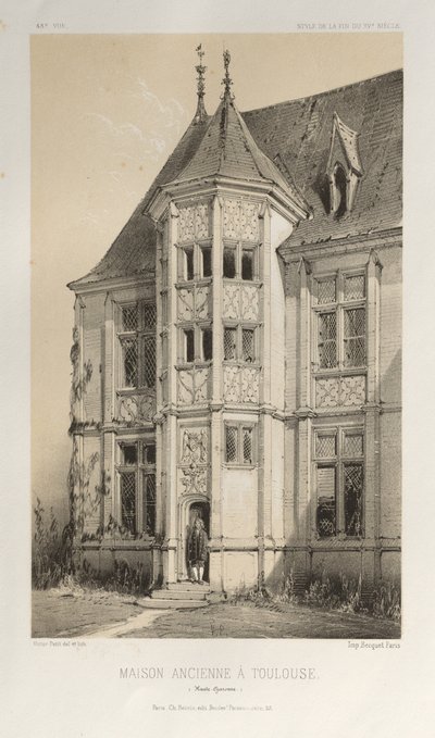 ... Pl। 43, टूलूज़ हाउत-गरोने में ओल्ड हाउस, 1860। द्वारा विक्टर पेटिट