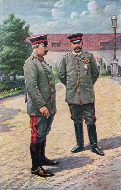 1915 में पॉज़्नान में महल के सामने पोज़ करते हिंडनबर्ग के सम्राट विल्हेम II और फील्ड मार्शल द्वारा स्लेसविग होल्स्टीन का विक्टोरिया ऑगस्टा
