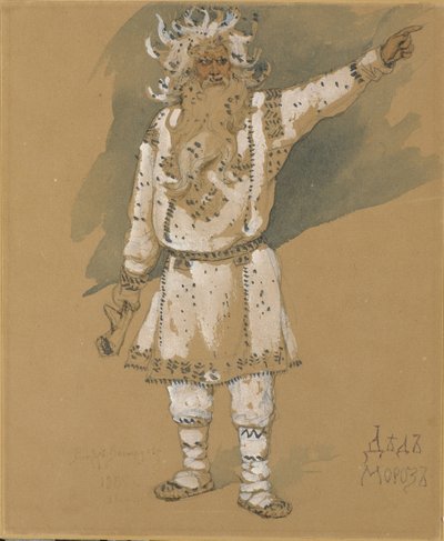 दादाजी फ्रॉस्ट। एन। रिमस्की-कोर्साकोव, 1885 द्वारा ओपेरा स्नो मेडेन के लिए कॉस्ट्यूम डिज़ाइन द्वारा विक्टर मिखायलोविच वासनेत्सोव