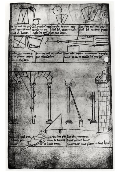 निर्माण के लिए Ms.Fr.19093 fol.20v ज्यामितीय आंकड़े, मेहराब और एक मीनार की ऊंचाई मापने वाला व्यक्ति (मुखर सेटिंग) द्वारा विलार्ड डी होन्नेकोर्ट