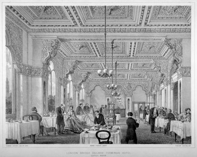 लंदन ब्रिज रेलवे टर्मिनस होटल, बरमोंडे, लंदन, 1860 में कॉफी रूम। द्वारा विन्सेंट ब्रुक्स
