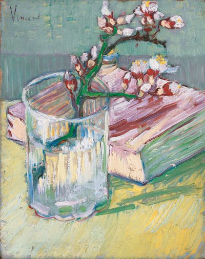 एक किताब, 1888 के साथ एक गिलास में फूलों की बादाम शाखा द्वारा Vincent van Gogh
