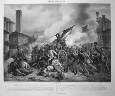 1848-9 में वेनिस की घेराबंदी के दौरान 27 अक्टूबर 1848 को मेस्त्रे में अल्बर्टो डेला कैम्पाना की लड़ाई (लिथो) द्वारा विन्सेन्ज़ो (बाद में) जियाकोमेली