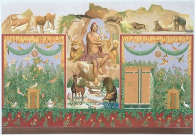 Orpheus Taming the Animals, पोम्पेई से एक भित्तिचित्र का पुनर्निर्माण द्वारा विन्सेन्ज़ो लोरिया
