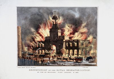 'रॉयल एक्सचेंज का विनाश' दूसरी आग, लंदन, 1838 द्वारा डब्ल्यू क्लर्क