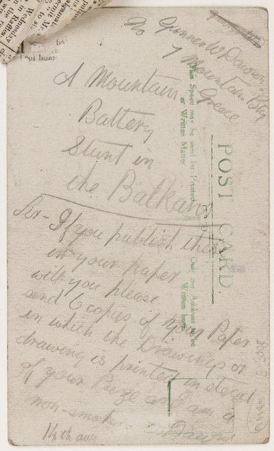 लिवरपूल वीकली कूरियर के संपादक के लिए पोस्टकार्ड, 14 अगस्त 1918 (पोस्टकार्ड पर पेंसिल) द्वारा डब्ल्यू। डावसन