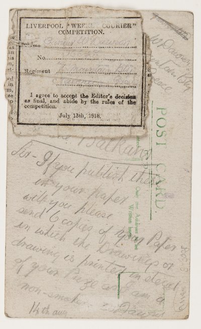 लिवरपूल वीकली कूरियर के संपादक के लिए पोस्टकार्ड, 14 अगस्त 1918 (पोस्टकार्ड पर पेंसिल) द्वारा डब्ल्यू। डावसन
