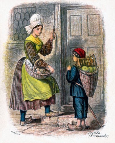 फ्रेंच वुमन एंड चाइल्ड सेलिंग फ्रूट, 1809। द्वारा डब्ल्यू मोटी
