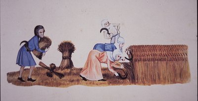 लुट्रेल साल्टर (कलर लिथो) के एक दृश्य के बाद मध्यकालीन महिलाएं मकई की कटाई करती हैं द्वारा WG (बाद) थायर