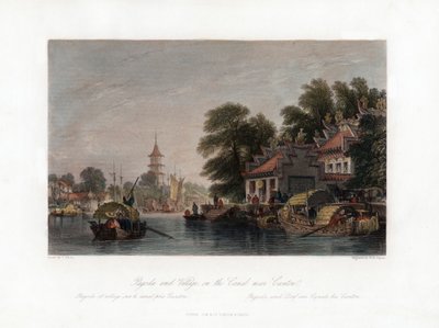 पैगोडा एंड विलेज, कैंटन के पास नहर पर, चीन, c1840। द्वारा WH कपोन