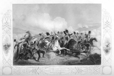 क्रीमियन युद्ध, 1854 1857 के दौरान बालाक्लावा में रूसी बंदूकों पर हमला करने वाला हल्का घुड़सवार। द्वारा डब्ल्यू। हुलैंड