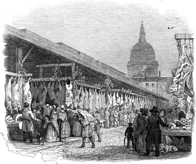 न्यूगेट मार्केट, क्रिसमस की पूर्व संध्या पर, 1845। द्वारा डब्ल्यूजे लिंटन