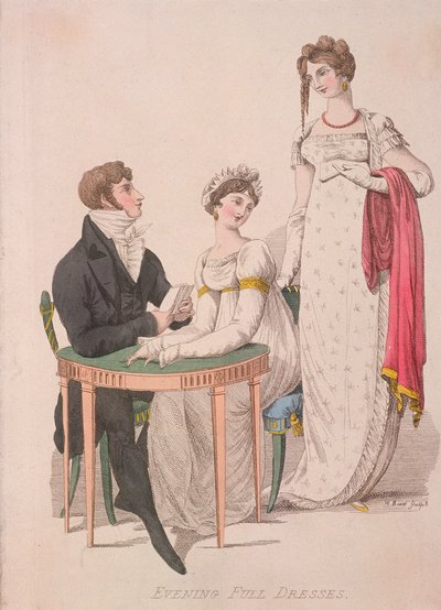 पूरी शाम की पोशाक पहने दो महिलाएं और एक पुरुष, c1810 द्वारा डब्ल्यू पढ़ें