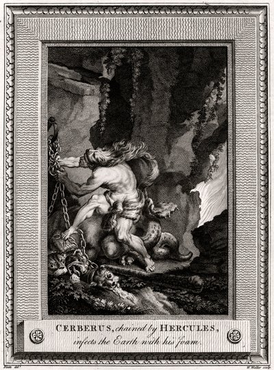 हरक्यूलिस द्वारा जंजीर सेरेबस, पृथ्वी को उसके फोम के साथ 1774 में संक्रमित करता है द्वारा डब्ल्यू। वाकर