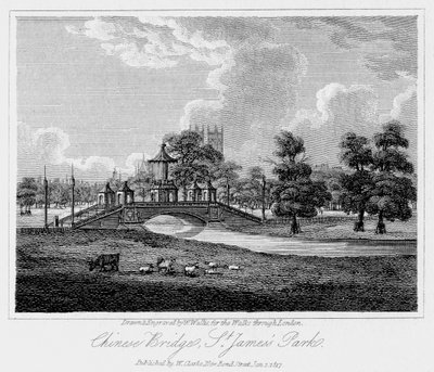 चाइनीज़ ब्रिज, सेंट जेम्ज़ पार्क, वेस्टमिंस्टर, लंदन, 1817। द्वारा डब्ल्यू। वालिस