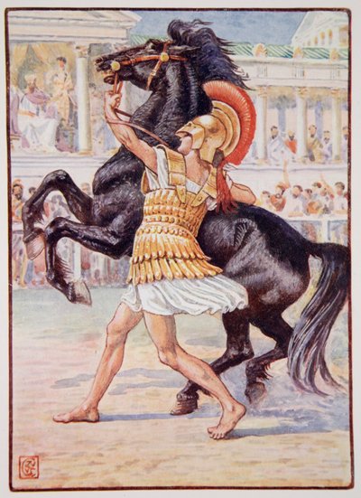 उन्होंने घोड़े की ओर दौड़ लगाई और मैरी मैकगलर, 1 संस्करण, 1913 (रंग प्रिंट) द्वारा &39;द स्टोरी ऑफ़ ग्रीस&39; का चित्रण, चित्रण जब्त किया द्वारा वाल्टर क्रेन