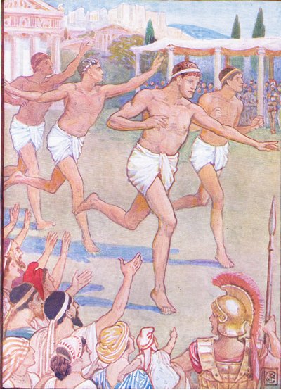 शुरुआती समय में, एक साधारण पदचिह्न एकमात्र घटना थी, ग्रीस की कहानी, 1930 के दशक से चित्रण द्वारा वाल्टर क्रेन