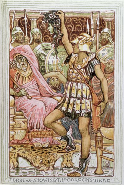 लंदन के 1910 में प्रकाशित &39;द ग्रीक मायथोलॉजिकल लीजेंड&39; के लिए चित्रण, ग्रॉगन के सिर को दिखाते हुए पर्सियस द्वारा वाल्टर क्रेन