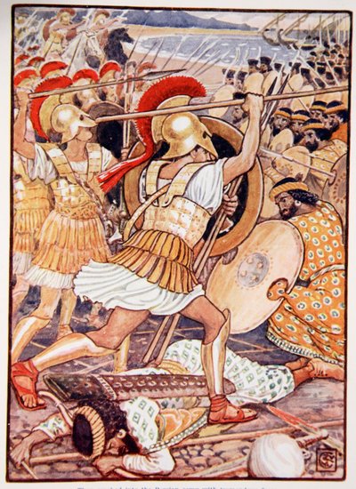 वे फ़्रेमेन्स्ड फ़ोर्स के साथ फ़ारसी सेना में धराशायी हो गए, मैरी मैकग्रेलर द्वारा &39;द स्टोरी ऑफ़ ग्रीस&39; का चित्रण, प्रथम संस्करण, 1913 (कलर प्रिंट) द्वारा वाल्टर क्रेन