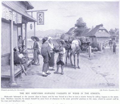 लड़का हिदेयोशी गलियों में लकड़ी के फगवालों को मारता है द्वारा वाल्टर फ्रेडरिक रूफ टाइंडेल