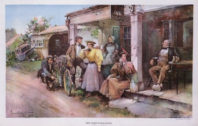 पुराने स्थानों में नए चेहरे: सड़क किनारे सराय (कलर लिथो) में जलपान करते साइकिल चालकों का एक समूह द्वारा वाल्टर ग्रानविले स्मिथ