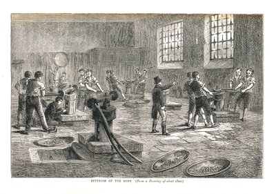 लगभग 1800, 1878 की ड्राइंग से मिंट का इंटीरियर द्वारा वाल्टर थॉर्नबरी