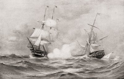 1812 के युद्ध के दौरान यूएसएस संविधान और एचएमएस गुएरिरे के बीच का मुकाबला, द हिस्ट्री ऑफ आवर कंट्री से हैलिफ़ैक्स, नोवा स्कोटिया के लगभग 400 मील दक्षिणपूर्व में, 1905 में प्रकाशित हुआ द्वारा वारेन शेपर्ड