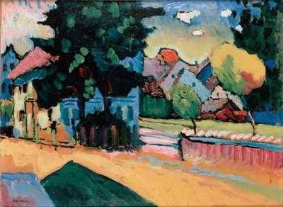 एक ग्रीन हाउस के साथ लैंडस्केप, 1908। द्वारा Wassily Kandinsky