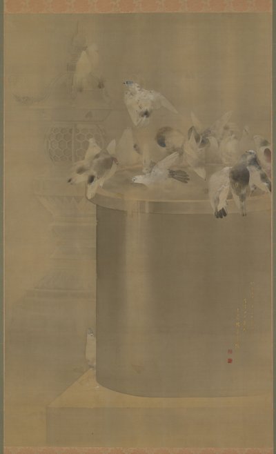 सेनजोजी में कबूतर (असाकुसा कन्नन मंदिर) मीजी एरा, 1877 (रेशम पर स्याही और रंग) द्वारा वतनबे पेजी