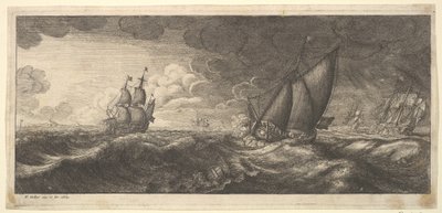 एक नौका और तीन युद्धपोत, 1665 में। द्वारा Wenceslaus Hollar