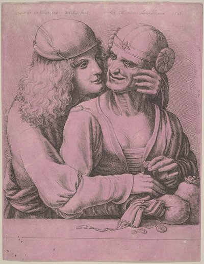 1646 में एक बूढ़ी औरत को सहलाता हुआ एक युवक। द्वारा Wenceslaus Hollar