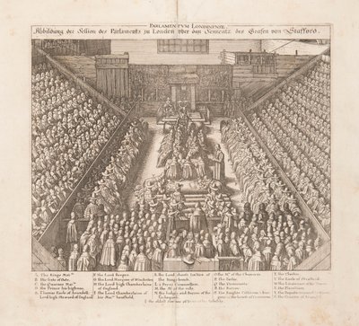 स्टैफोर्ड के अर्ल के वाक्य के लंदन सत्र की संसद का चित्रण, सीए 1642। द्वारा Wenceslaus Hollar