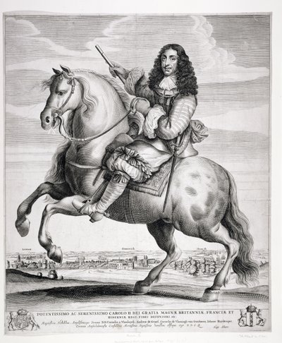 लैंडस्केप के साथ चार्ल्स द्वितीय (1630-85) के अश्वारोही पोर्ट्रेट, c.1670 प्रकाशित द्वारा Wenceslaus Hollar