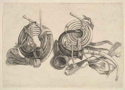 पांच शिकार सींग, 1625-77। द्वारा Wenceslaus Hollar