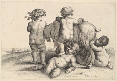 चार लड़के, एक युवा व्यंग्य और एक बकरी, 1647। द्वारा Wenceslaus Hollar