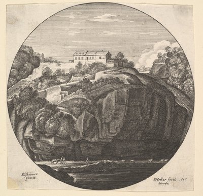 चट्टानों पर एक घर के साथ लैंडस्केप, 1646। द्वारा Wenceslaus Hollar