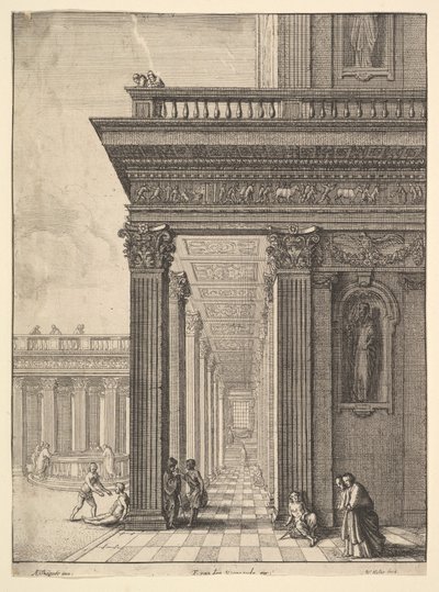 डेविड टेनियर्स द एल्डर, 1625-77 के बाद आंकड़ों के साथ मंदिर प्रांगण। द्वारा Wenceslaus Hollar